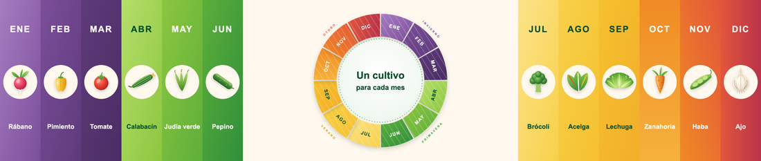Rueda del calendario de siembra en el centro y los doce meses con su cultivo a los lados, en los colores de cada estación