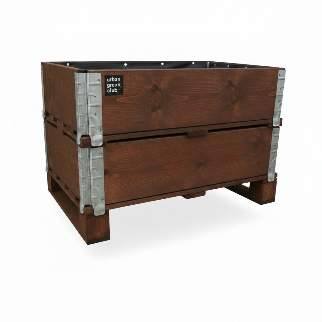 Bancal de cultivo mini doble con capacidad de 200 litros fabricado en madera tratada color nogal para exterior.