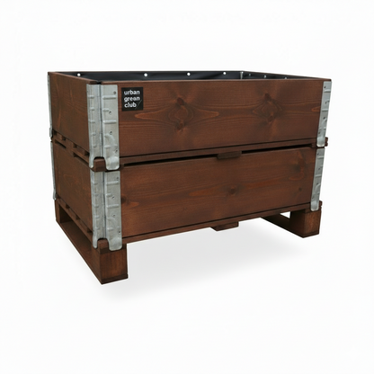 Bancal de cultivo mini doble con capacidad de 200 litros fabricado en madera tratada color nogal para exterior.