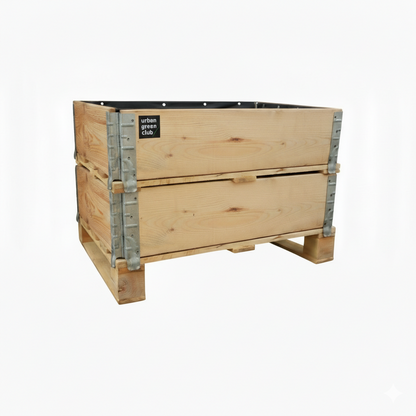 Bancal de cultivo mini doble con capacidad de 200 litros fabricado en madera tratada color pino para huerto urbano.