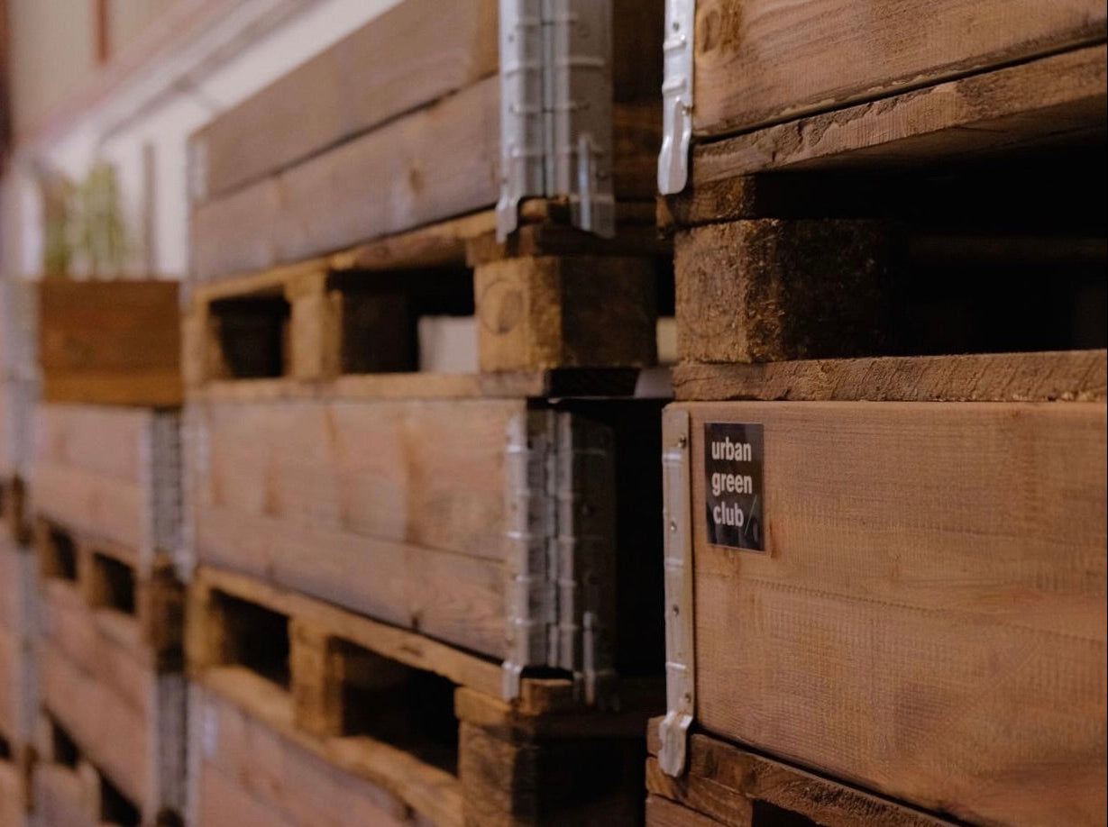 Primer plano de bancales de cultivo urbano fabricados en madera sostenible en las instalaciones de Urban Green Club

