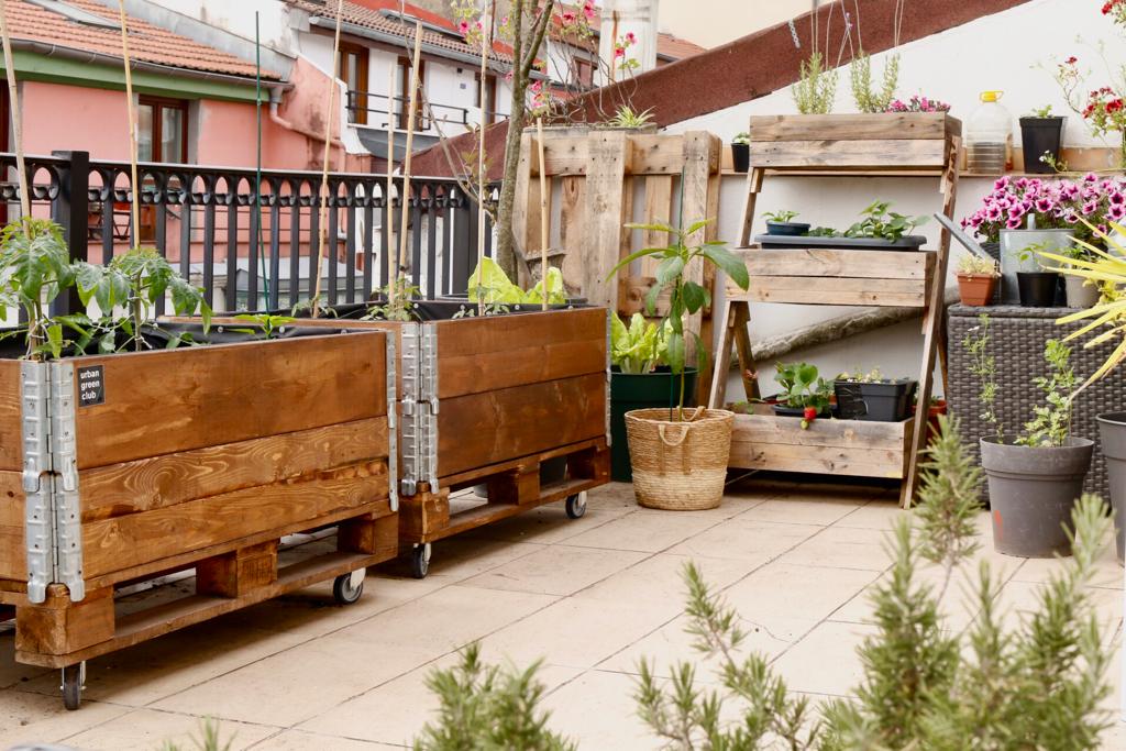 Dos bancales elevados de 400 litros con hortalizas en una terraza amplia, ejemplo de huerto urbano para azoteas y espacios grandes